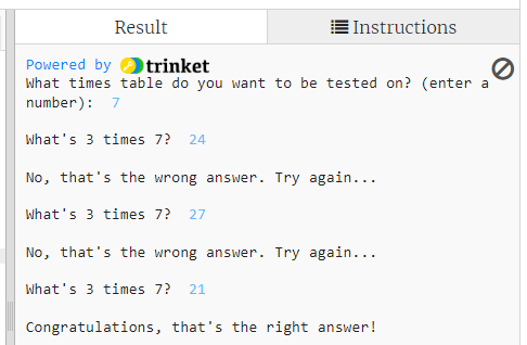 Output of times table tester